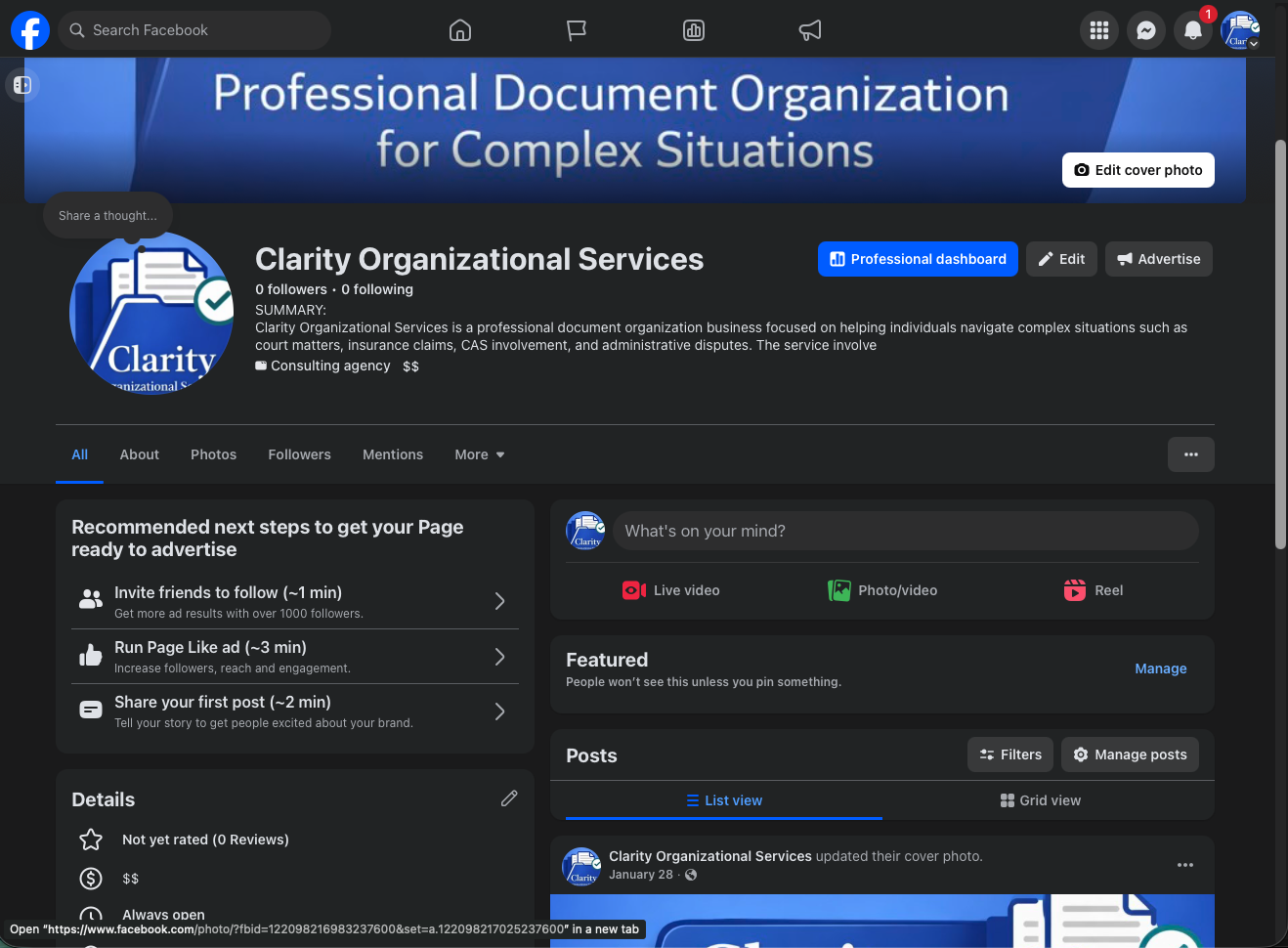 Clarity Organizational Services Facebook Page Screenshot