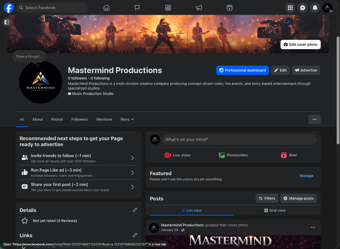 Mastermind Productions Facebook Page Screenshot