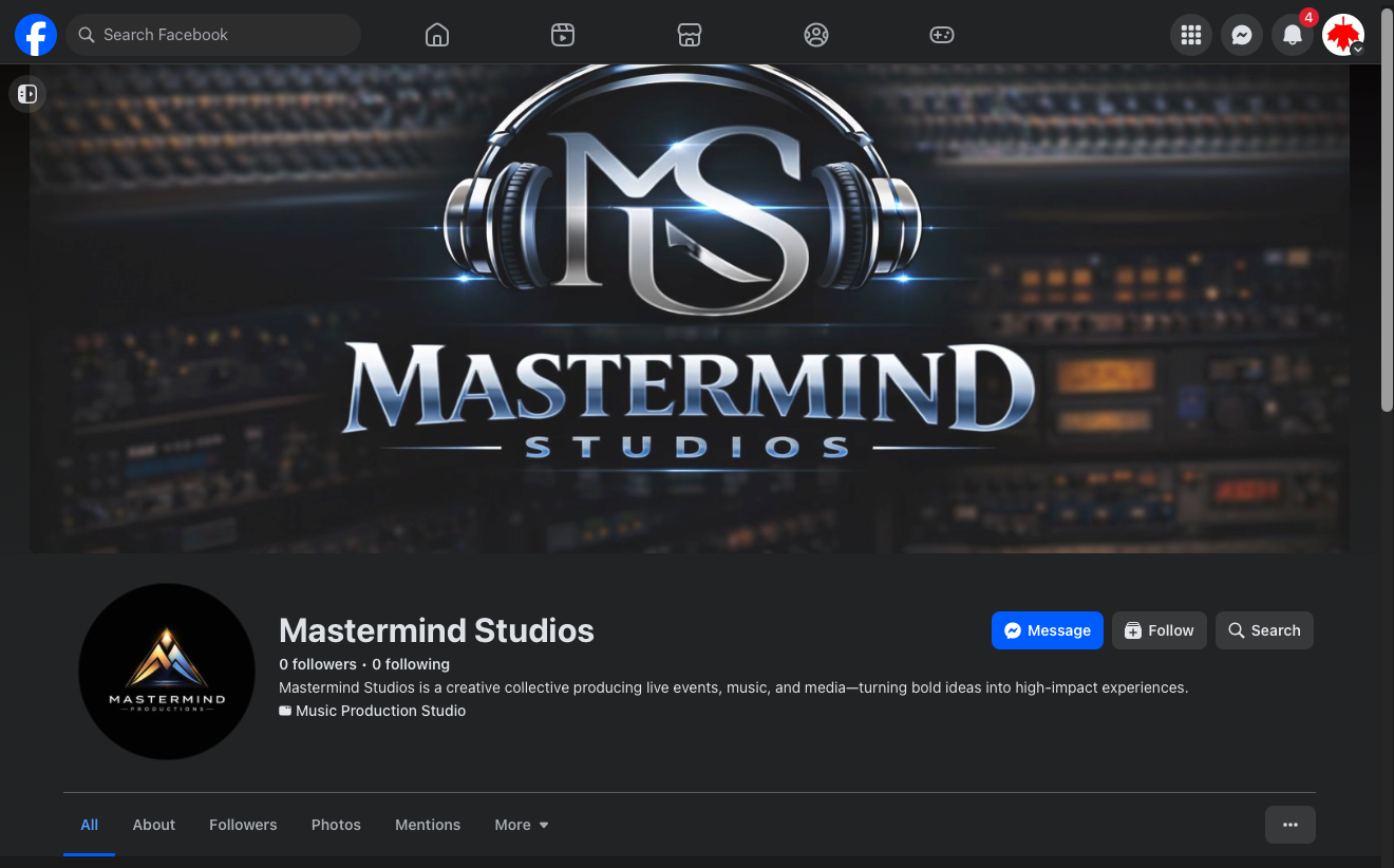 Mastermind Studios Facebook Page Screenshot